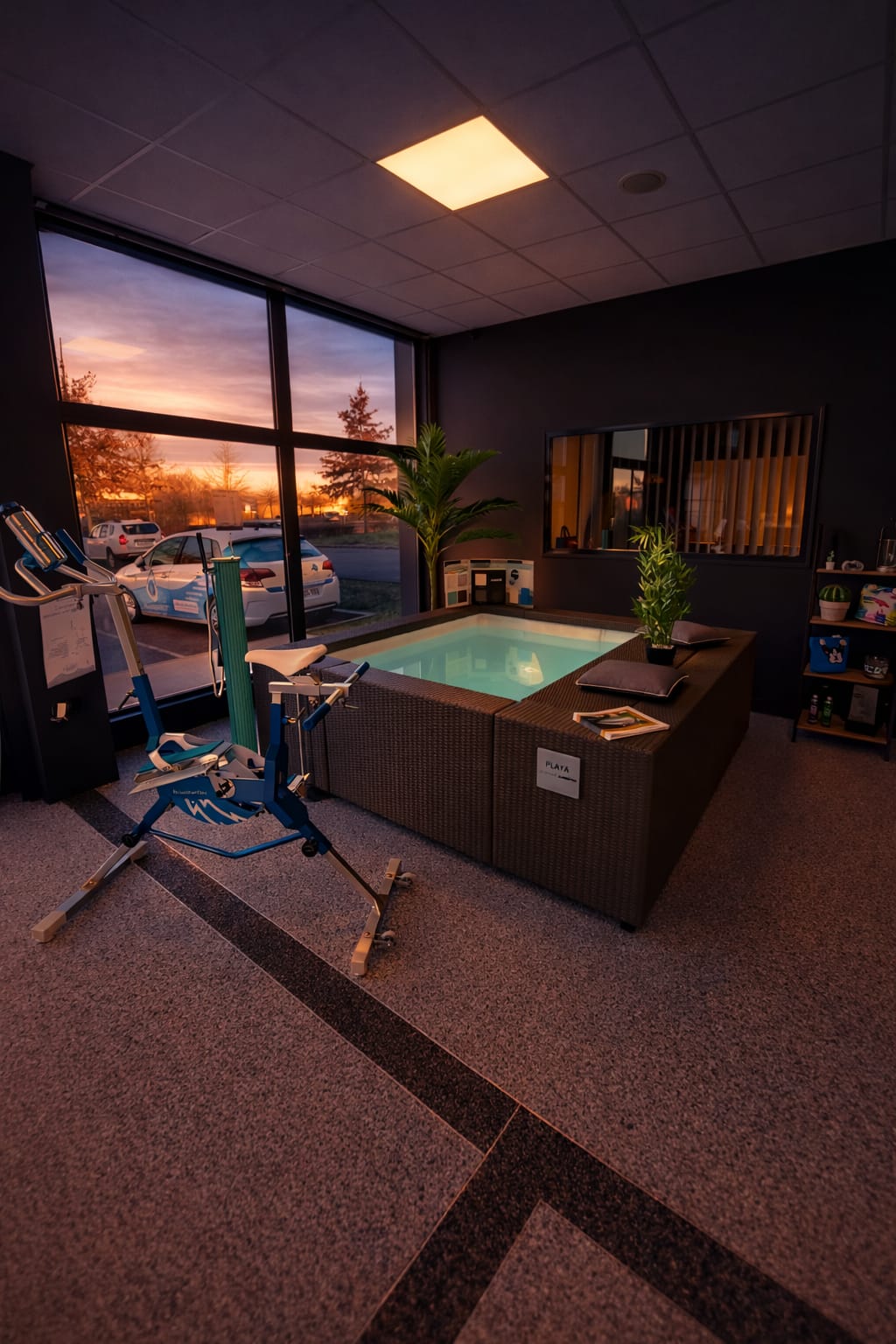 Showroom spa en ambiance crépusculaire - Yann Piscines Cosne-sur-Loire